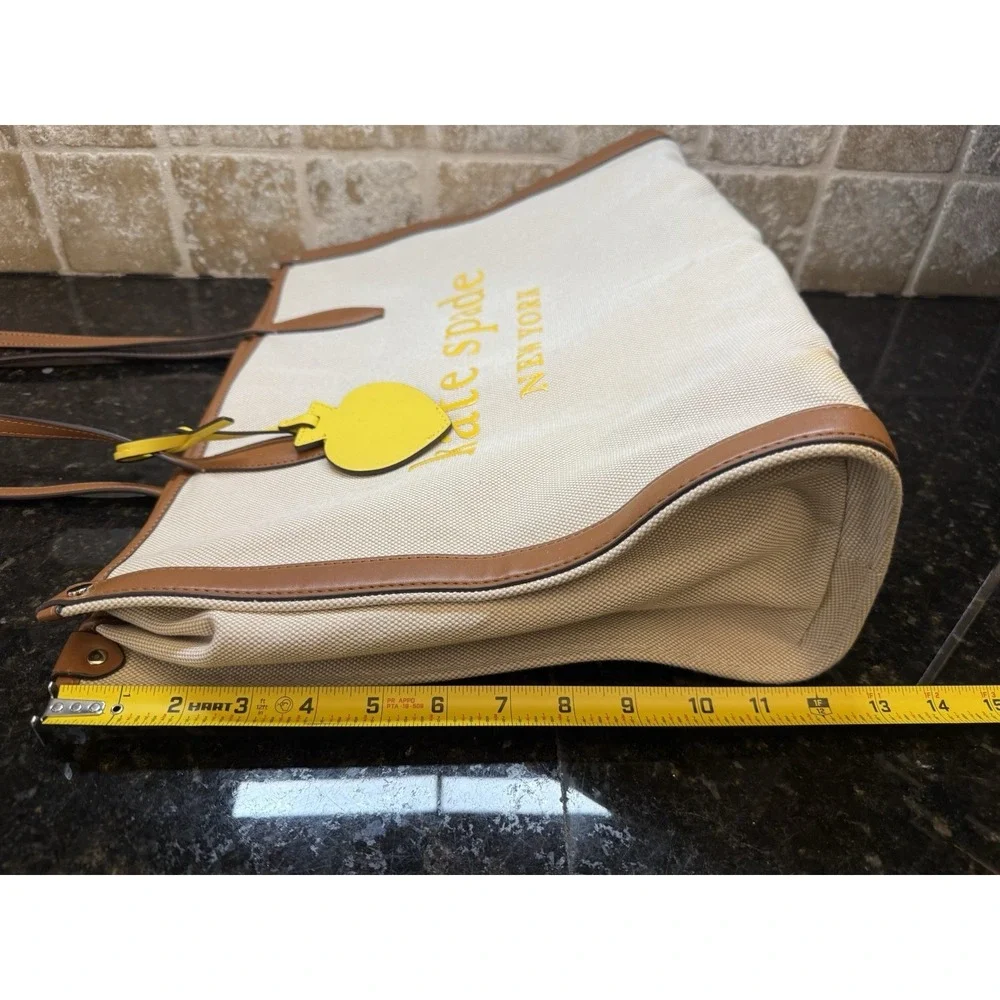 Kate Spade NY Large Market Tote Bag Beige Canvas,‎ Brown Leather Yellow